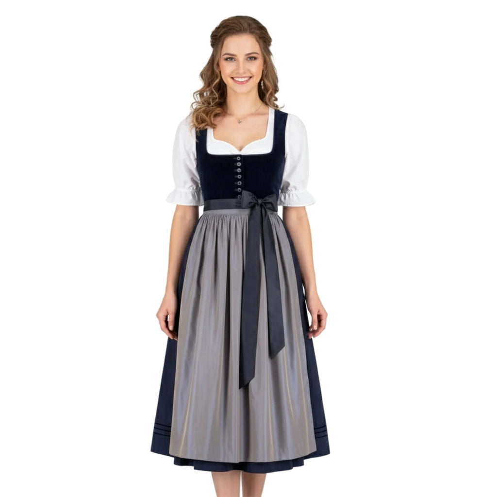 Dirndl Dress Navy Velvet Grey Apron Authentic - Alpine Dirndl