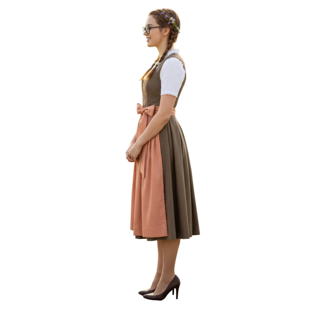 Dirndl Dress Olive Brown Peach Apron Authentic - Alpine Dirndl