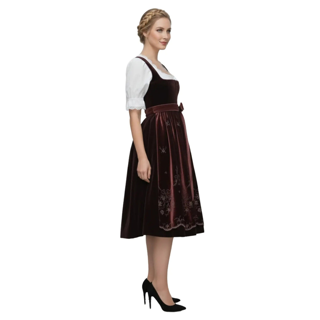 Dirndl Dress Wine Red Velvet Embroidered - Alpine Dirndl