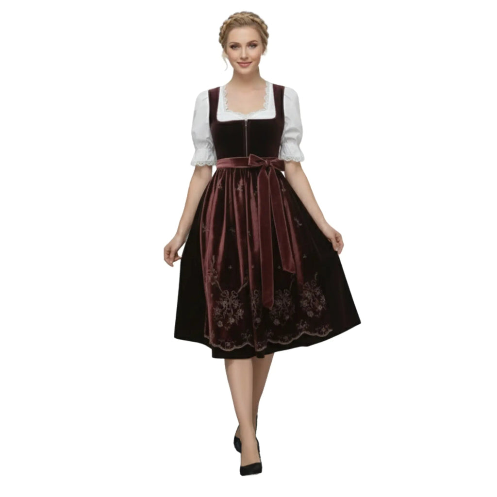 Dirndl Dress Wine Red Velvet Embroidered - Alpine Dirndl
