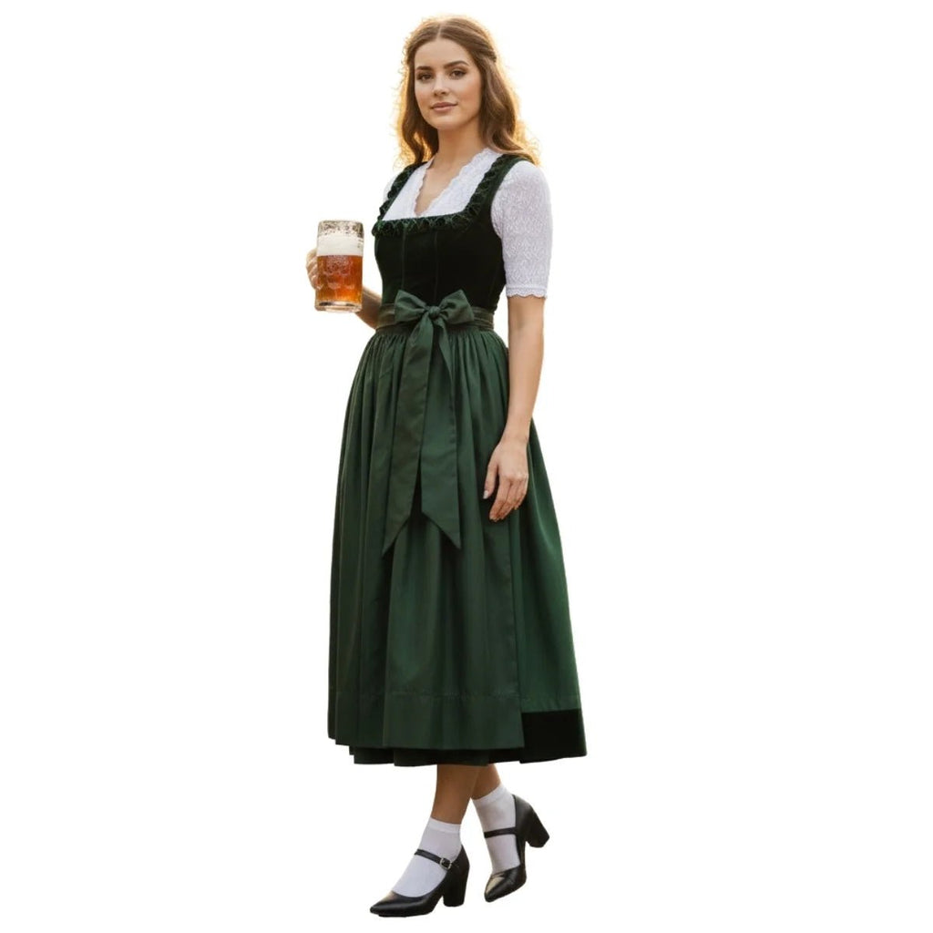 Forest Green Velvet Dirndl Dress with Black Velvet Trim – Luxurious Handmade Bavarian Tracht for Oktoberfest 2026 - Alpine Dirndl