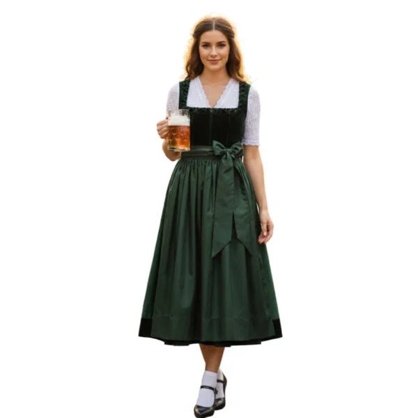 Forest Green Velvet Dirndl Dress with Black Velvet Trim – Luxurious Handmade Bavarian Tracht for Oktoberfest 2026 - Alpine Dirndl