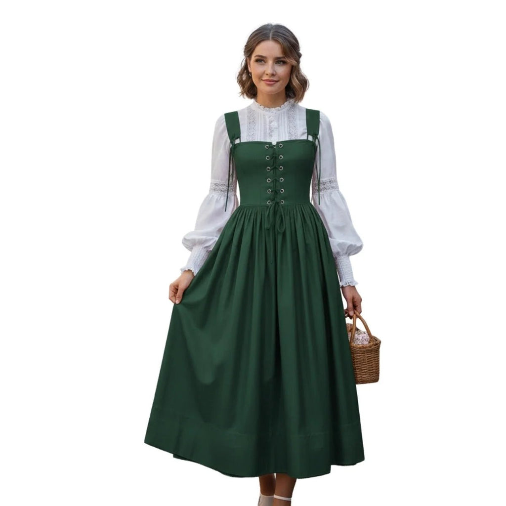 Green Cotton Dirndl Pinafore Dress with Long Sleeve Blouse – Authentic Vintage Bavarian Tracht for Oktoberfest 2026 - Alpine Dirndl
