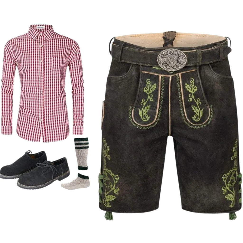 Lederhosen Outfit Set Green Embroidered Suede - Alpine Dirndl