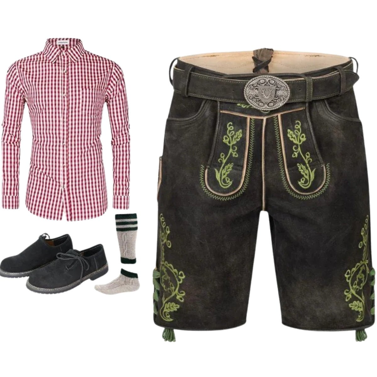 Lederhosen Outfit Set Green Embroidered Suede - Alpine Dirndl