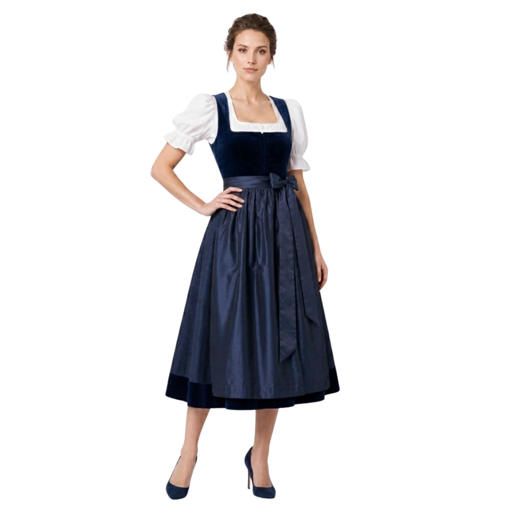 Navy Blue Velvet Dirndl – Oktoberfest Midi Dress - Alpine Dirndl