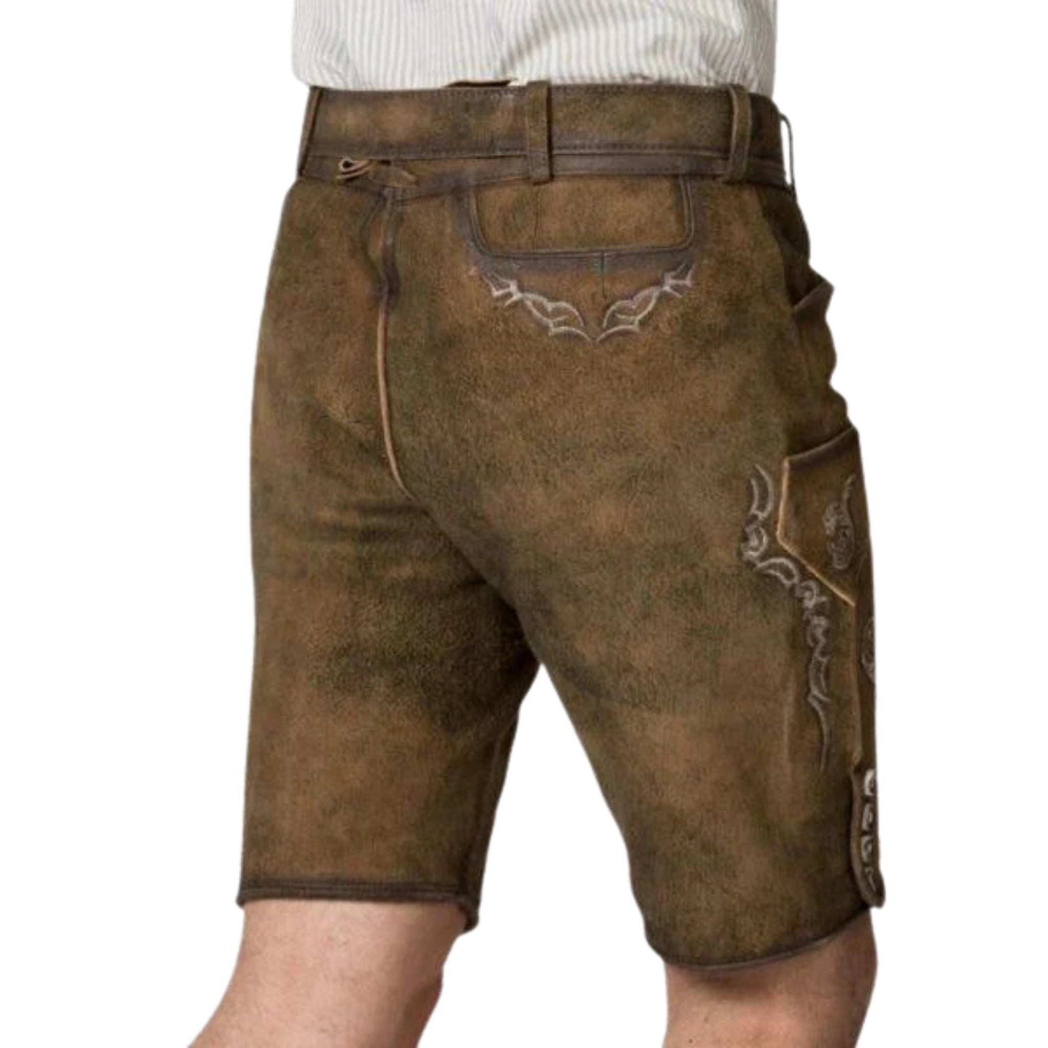 Olive Brown Lederhosen | Stag Embroidery Suede Shorts - Alpine Dirndl