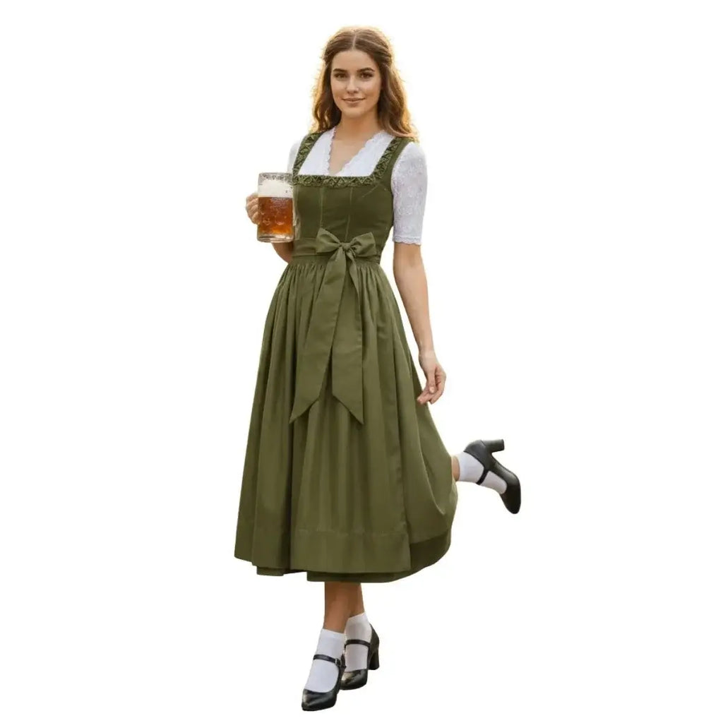 Olive Green Velvet Dirndl Midi Dress – All-Olive Monochrome Bavarian Tracht for Oktoberfest 2026 - Alpine Dirndl