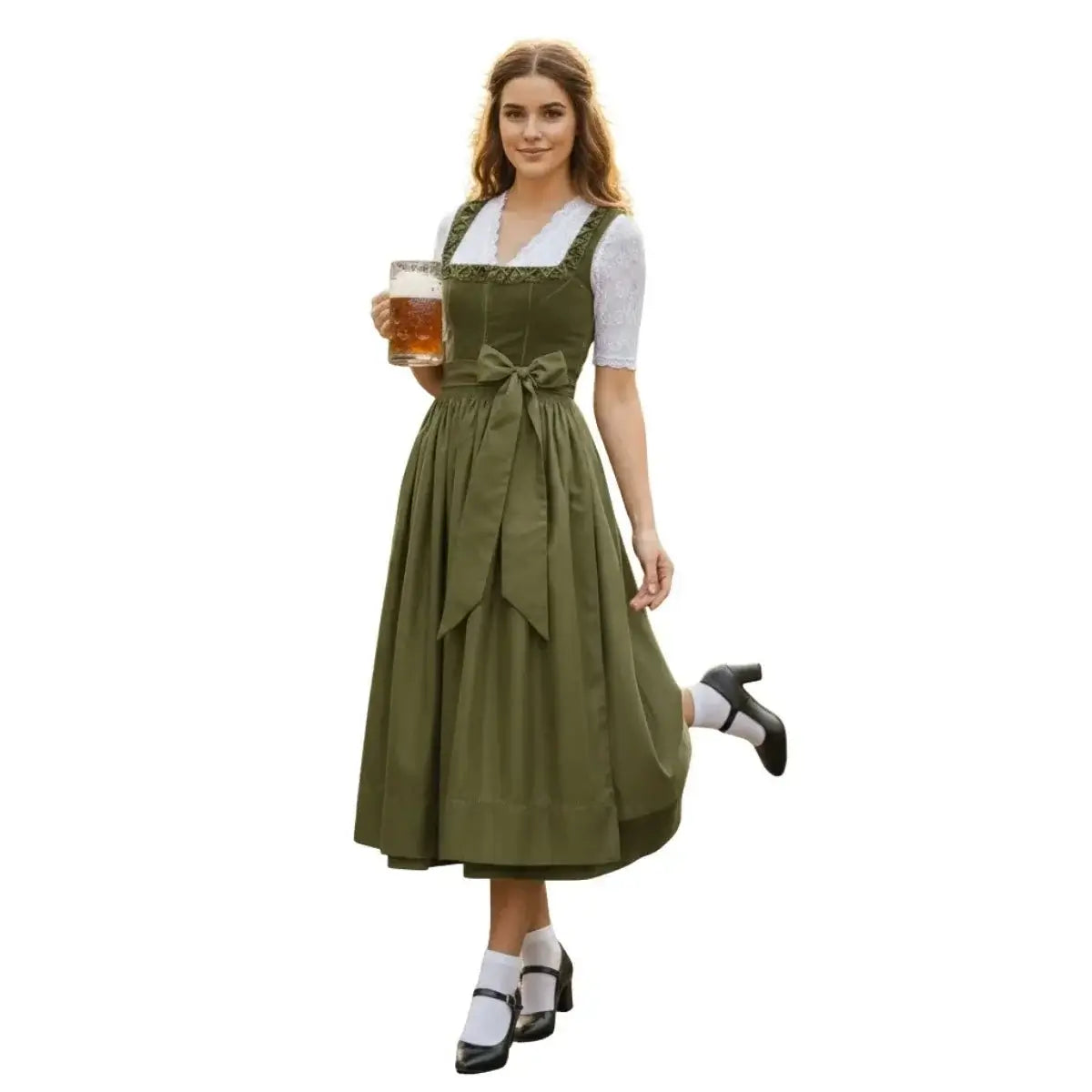 Olive Green Velvet Dirndl Midi Dress – All-Olive Monochrome Bavarian Tracht for Oktoberfest 2026 - Alpine Dirndl