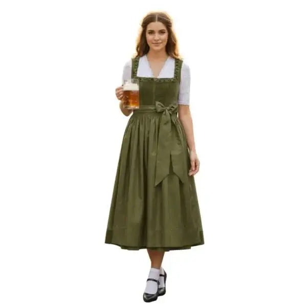 Olive Green Velvet Dirndl Midi Dress – All-Olive Monochrome Bavarian Tracht for Oktoberfest 2026 - Alpine Dirndl