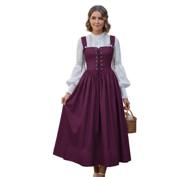 Purple Cotton Dirndl Pinafore Dress with Long Sleeve Blouse – Traditional Bavarian Tracht for Oktoberfest 2026 - Alpine Dirndl