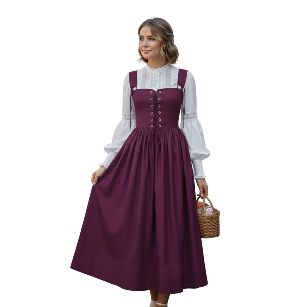 Purple Cotton Dirndl Pinafore Dress with Long Sleeve Blouse – Traditional Bavarian Tracht for Oktoberfest 2026 - Alpine Dirndl