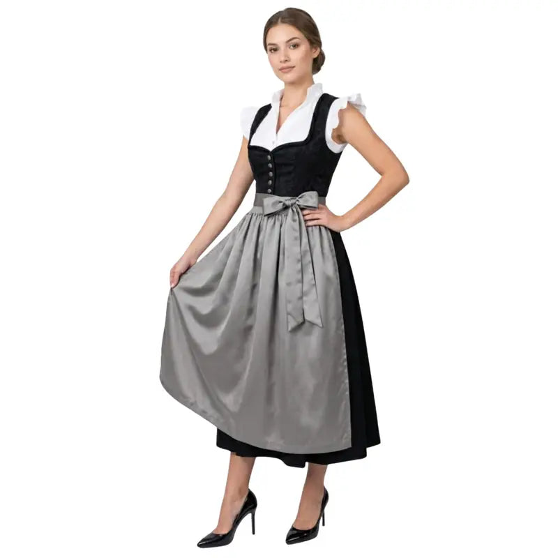 Black Velvet Dirndl with Grey Satin Apron – Bavarian Midi Dress for Oktoberfest 2026