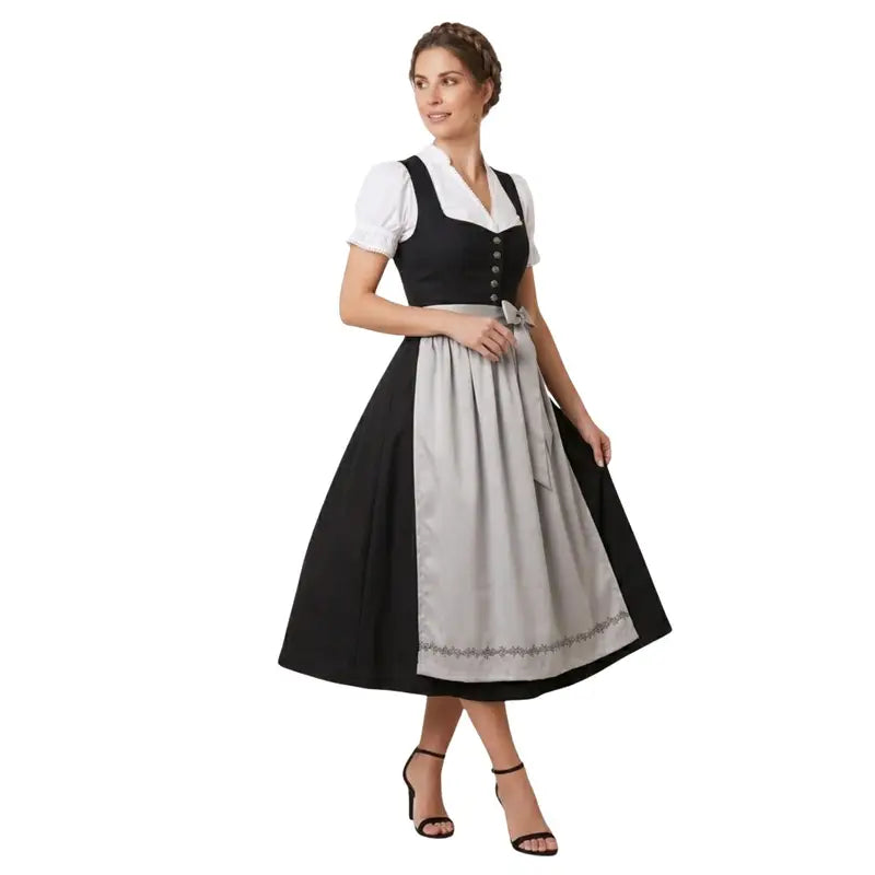 Black Loden Dirndl Maxi Dress with Grey Embroidered Apron – Authentic Tyrolean Tracht for Oktoberfest 2026