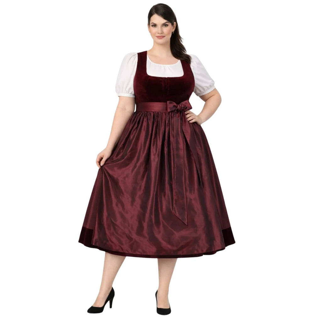 Plus Size Burgundy Velvet Dirndl Dress – Bavarian Midi Tracht for Oktoberfest 2026