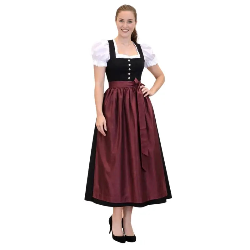 Black Velvet Dirndl Maxi Dress with Burgundy Apron – Long Bavarian Tracht for Oktoberfest 2026