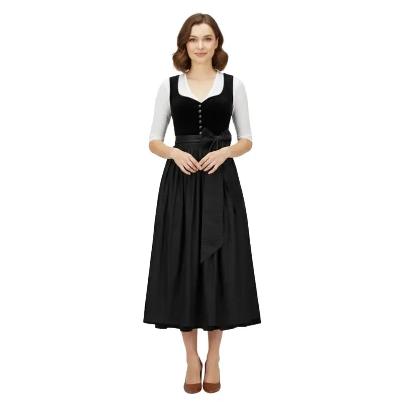 All-Black Velvet Dirndl Midi Dress with Black Satin Apron – Modern Bavarian Tracht for Oktoberfest 2026