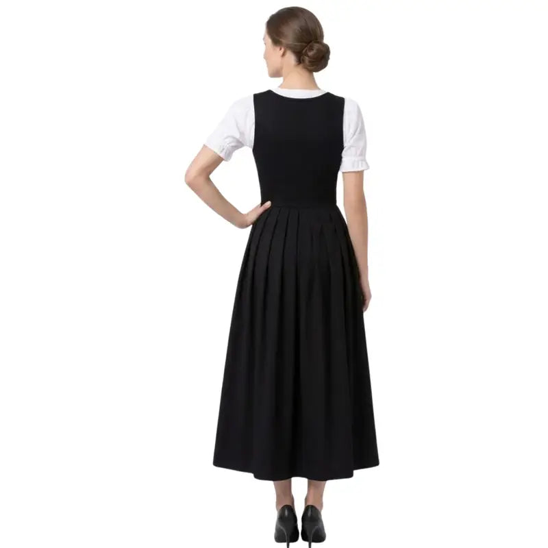 Black Loden Dirndl Maxi Dress with Grey Embroidered Apron – Authentic Tyrolean Tracht for Oktoberfest 2026