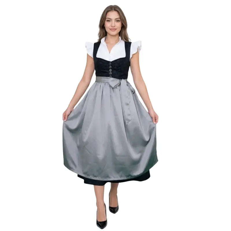 Black Velvet Dirndl with Grey Satin Apron – Bavarian Midi Dress for Oktoberfest 2026