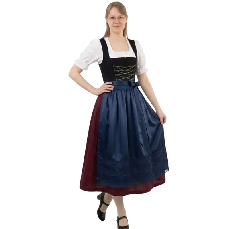Black Velvet Lace-Up Dirndl with Navy Apron & Burgundy Skirt – Authentic Austrian Tracht for Oktoberfest 2026