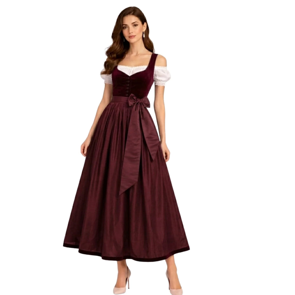 Burgundy Velvet Dirndl Maxi Dress – All-Burgundy Monochrome Bavarian Tracht for Oktoberfest 2026