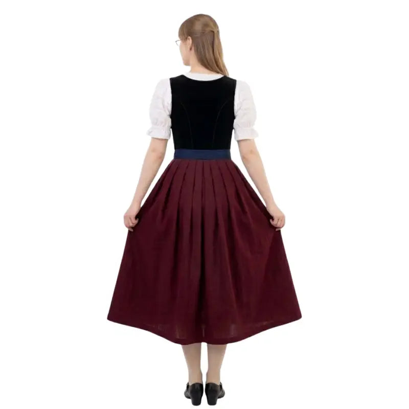 Black Velvet Lace-Up Dirndl with Navy Apron & Burgundy Skirt – Authentic Austrian Tracht for Oktoberfest 2026