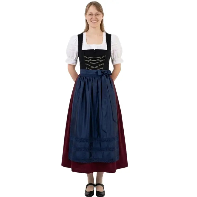 Black Velvet Lace-Up Dirndl with Navy Apron & Burgundy Skirt – Authentic Austrian Tracht for Oktoberfest 2026