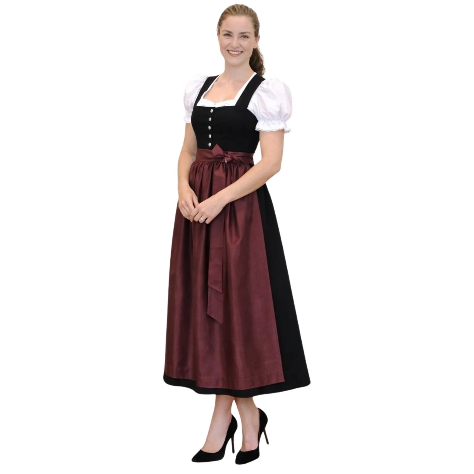 Black Velvet Dirndl Maxi Dress with Burgundy Apron – Long Bavarian Tracht for Oktoberfest 2026