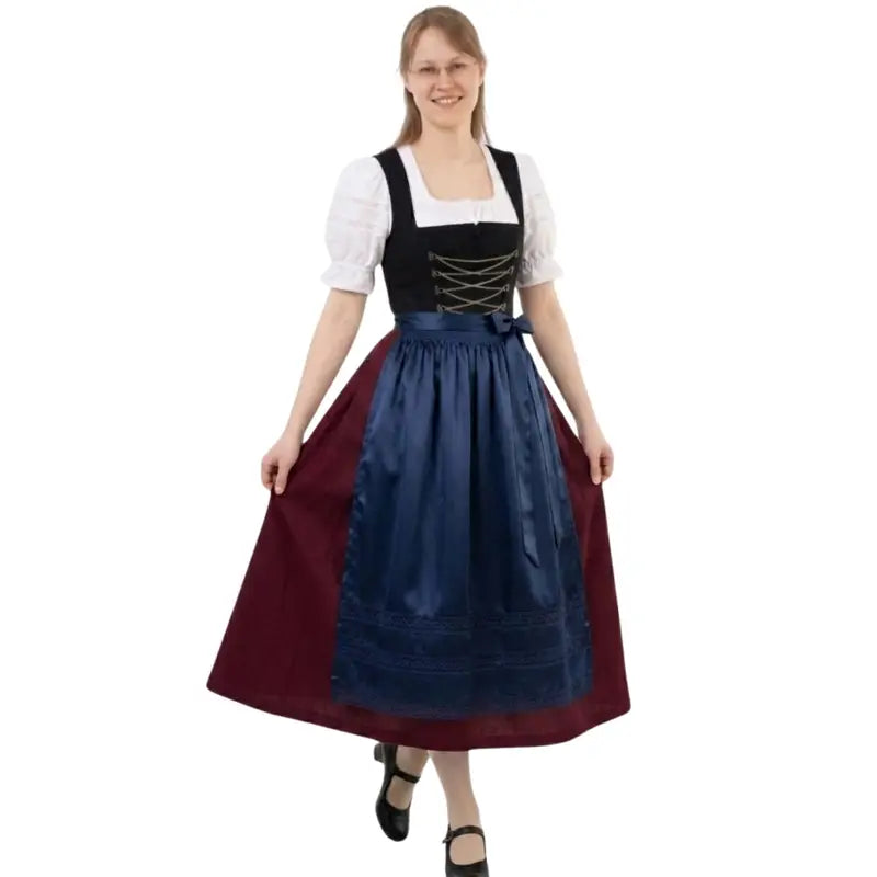 Black Velvet Lace-Up Dirndl with Navy Apron & Burgundy Skirt – Authentic Austrian Tracht for Oktoberfest 2026