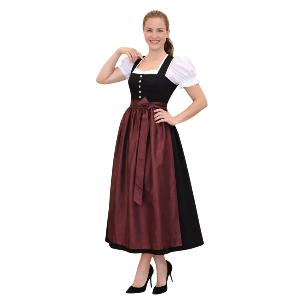 Black Velvet Dirndl Maxi Dress with Burgundy Apron – Long Bavarian Tracht for Oktoberfest 2026