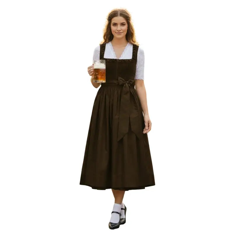 Dark Brown Cotton Dirndl Midi Dress – All-Brown Monochrome Bavarian Tracht for Oktoberfest 2026
