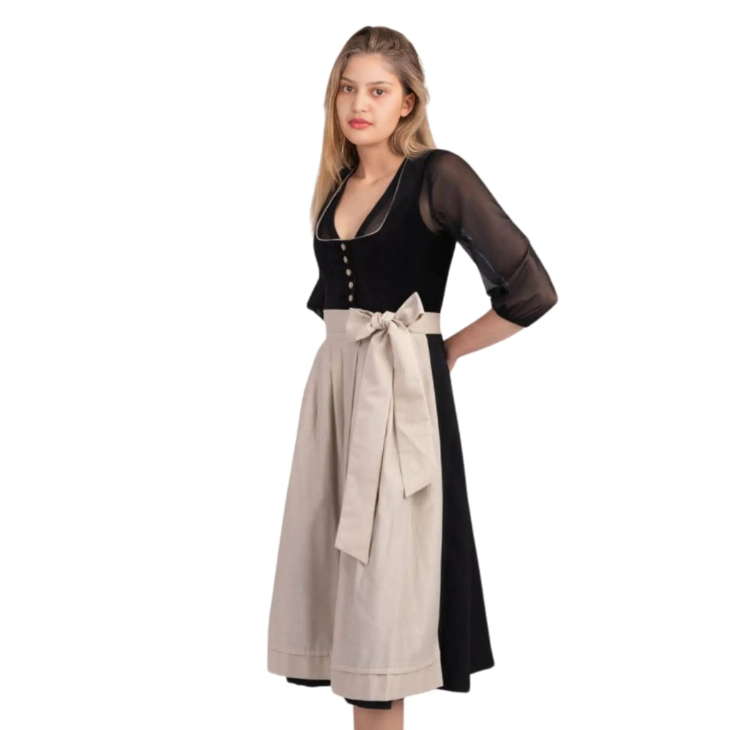 Dirndl Dress Black Velvet Beige Skirt Sheer Sleeves
