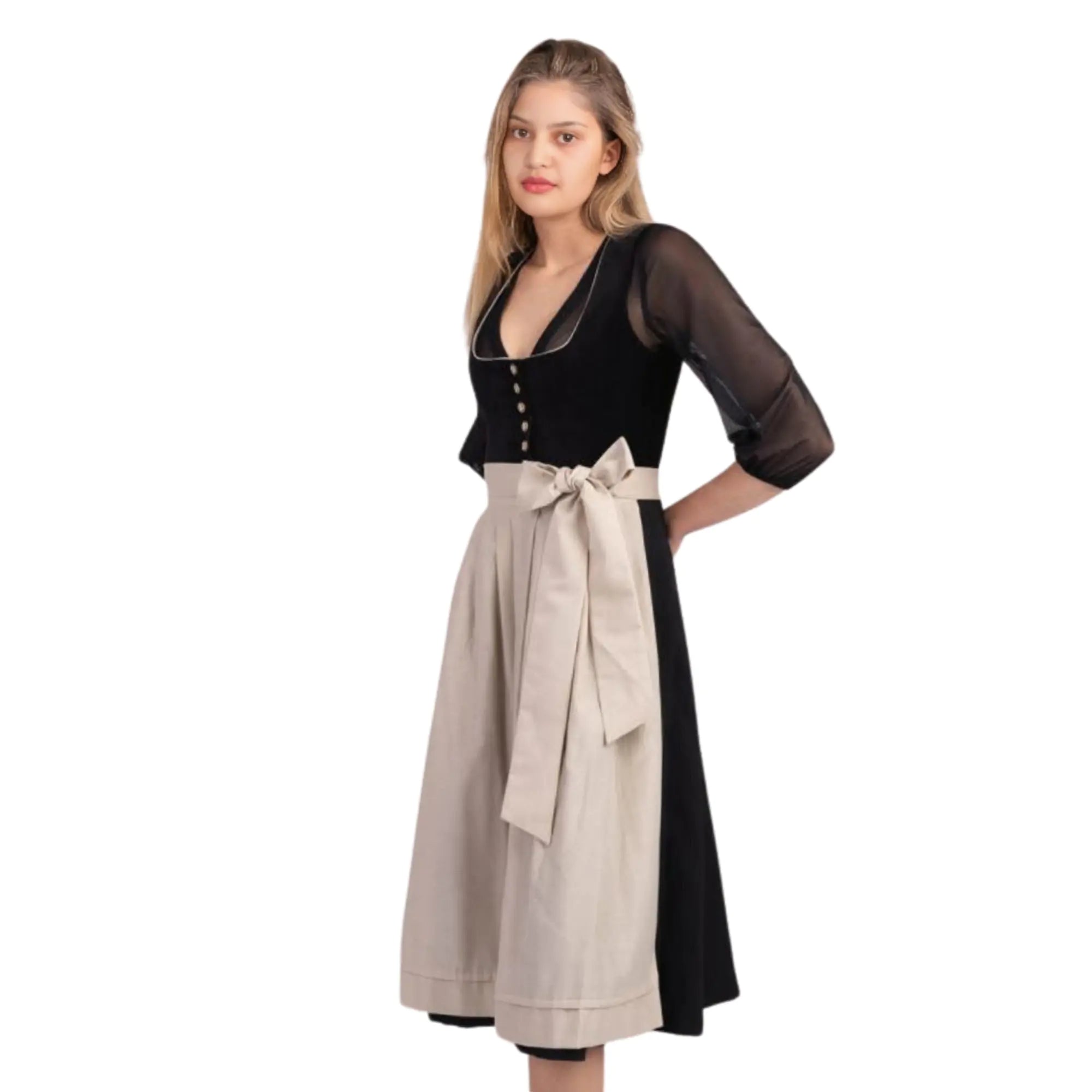 Dirndl Dress Black Velvet Beige Skirt Sheer Sleeves
