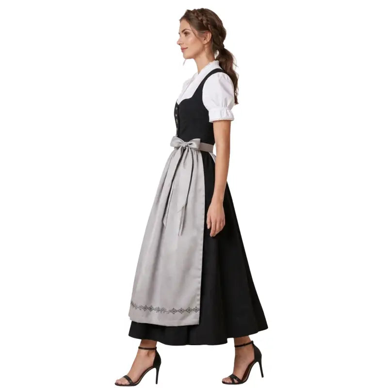 Black Loden Dirndl Maxi Dress with Grey Embroidered Apron – Authentic Tyrolean Tracht for Oktoberfest 2026