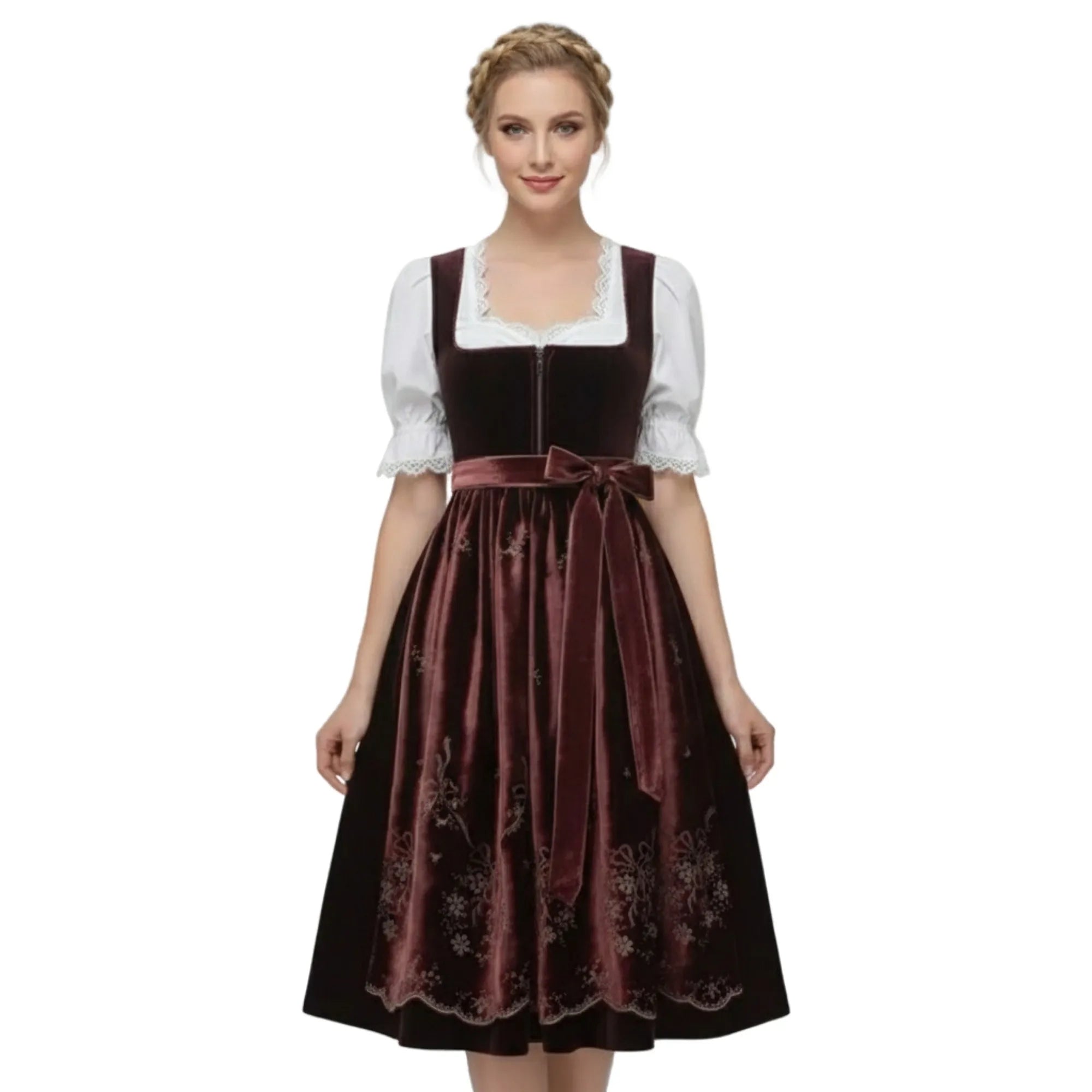 Dirndl Dress Wine Red Velvet Embroidered