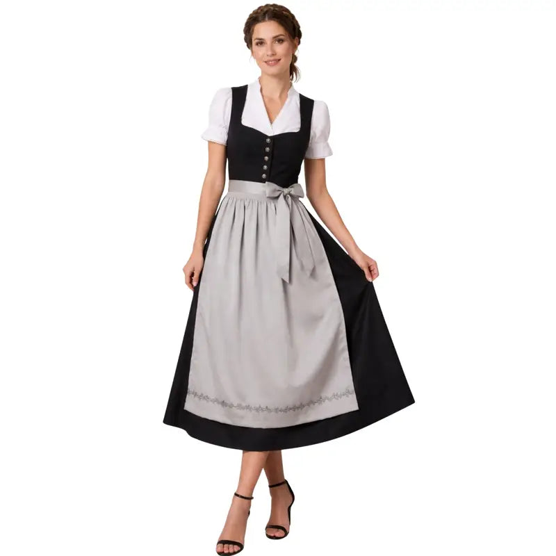 Black Loden Dirndl Maxi Dress with Grey Embroidered Apron – Authentic Tyrolean Tracht for Oktoberfest 2026