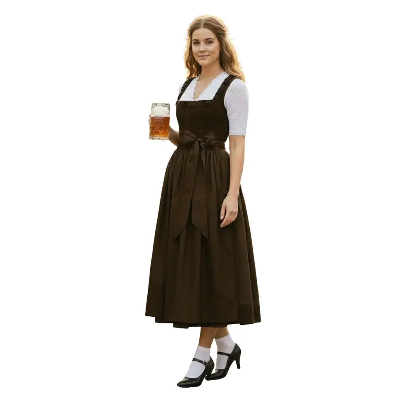 Dark Brown Cotton Dirndl Midi Dress – All-Brown Monochrome Bavarian Tracht for Oktoberfest 2026