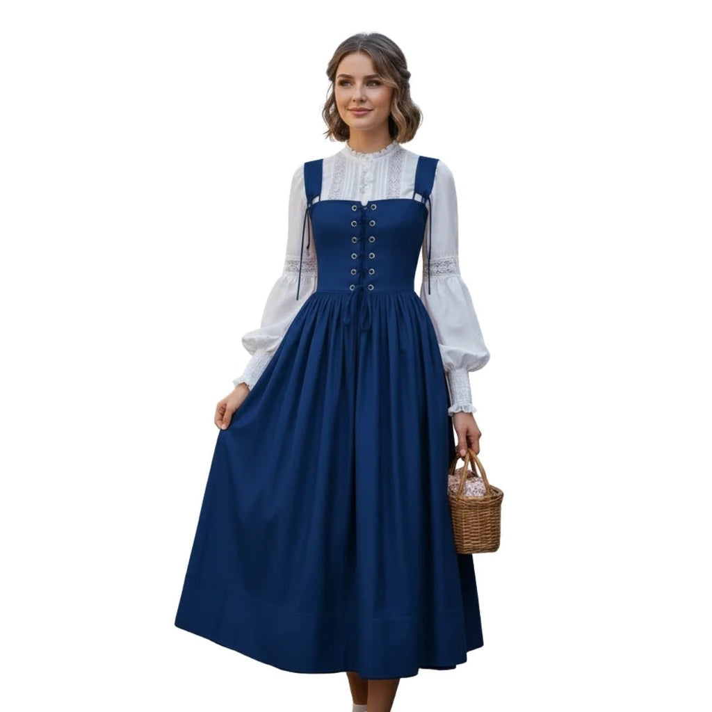 Royal Blue Dirndl Pinafore Dress with Long Sleeve Blouse – Elegant Bavarian Tracht for Oktoberfest 2026 - Alpine Dirndl