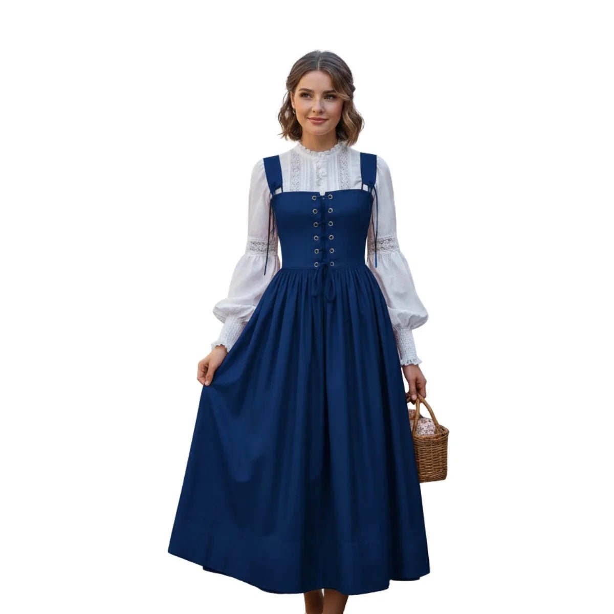 Royal Blue Dirndl Pinafore Dress with Long Sleeve Blouse – Elegant Bavarian Tracht for Oktoberfest 2026 - Alpine Dirndl