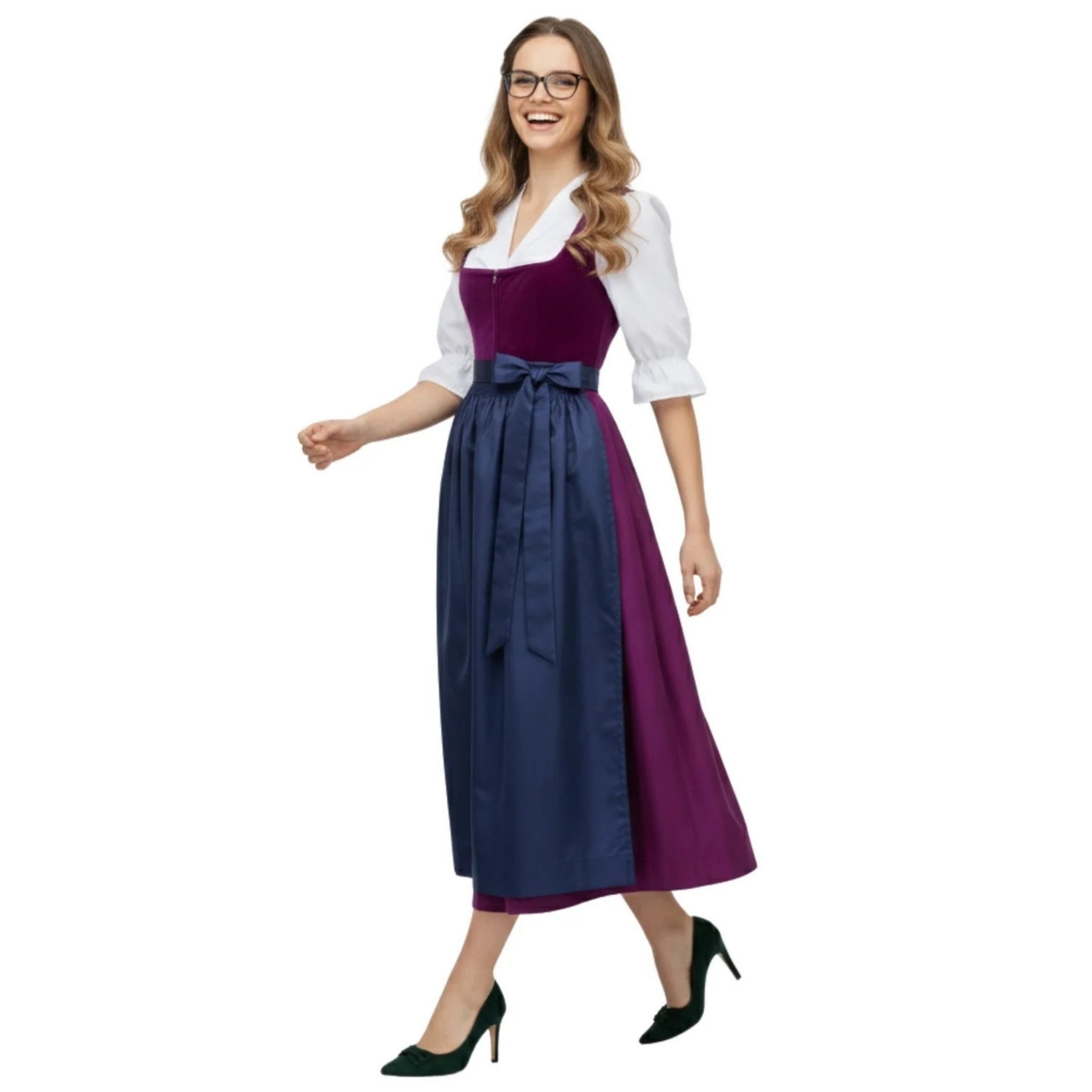 Purple Velvet Dirndl – Navy Satin Apron & Midi Skirt