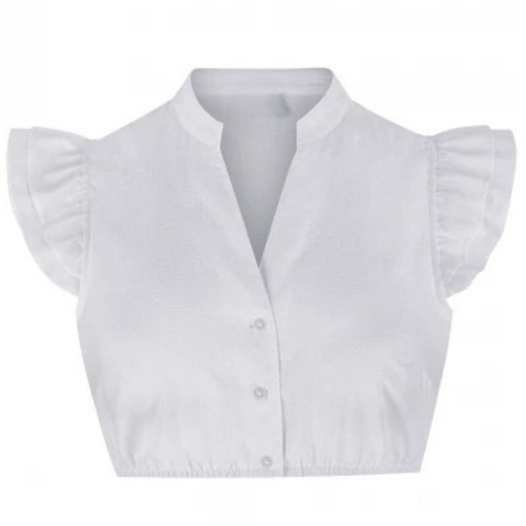 White Dirndl Blouse – Ruffle Sleeve Mandarin Collar Bavarian Crop Top - Alpine Dirndl